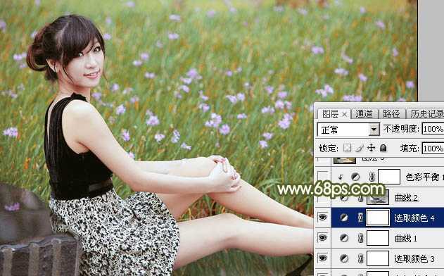 ‘Photoshop调出唯美的黄绿阳光色花丛中美女图片‘