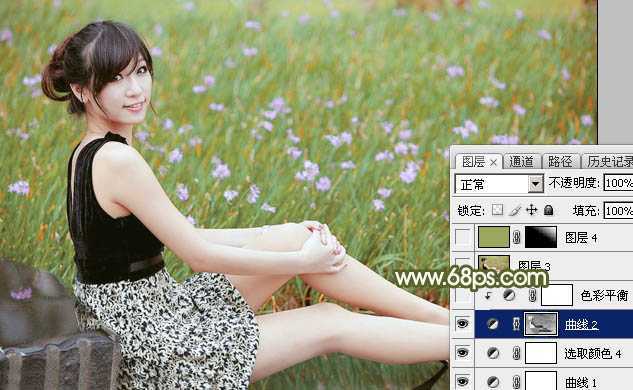 ‘Photoshop调出唯美的黄绿阳光色花丛中美女图片‘