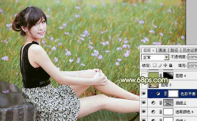 ‘Photoshop调出唯美的黄绿阳光色花丛中美女图片‘