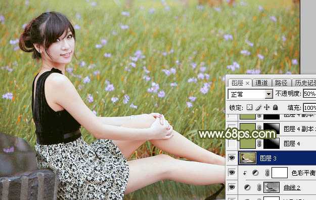 ‘Photoshop调出唯美的黄绿阳光色花丛中美女图片‘