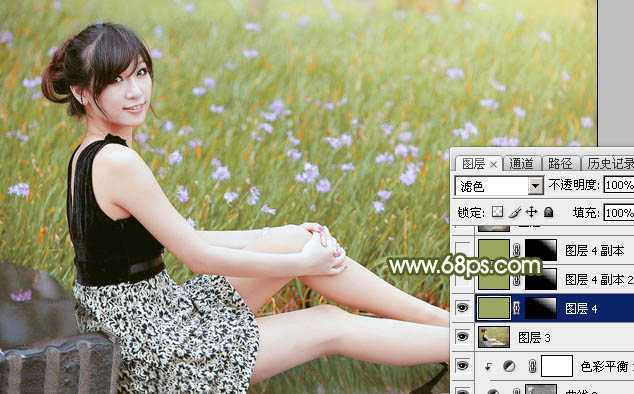 ‘Photoshop调出唯美的黄绿阳光色花丛中美女图片‘