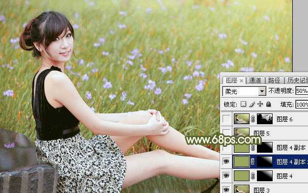 ‘Photoshop调出唯美的黄绿阳光色花丛中美女图片‘