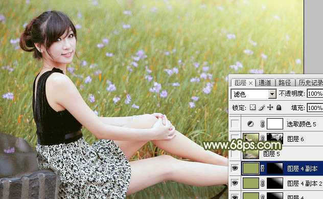 ‘Photoshop调出唯美的黄绿阳光色花丛中美女图片‘