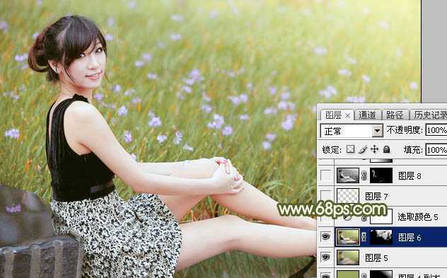 ‘Photoshop调出唯美的黄绿阳光色花丛中美女图片‘
