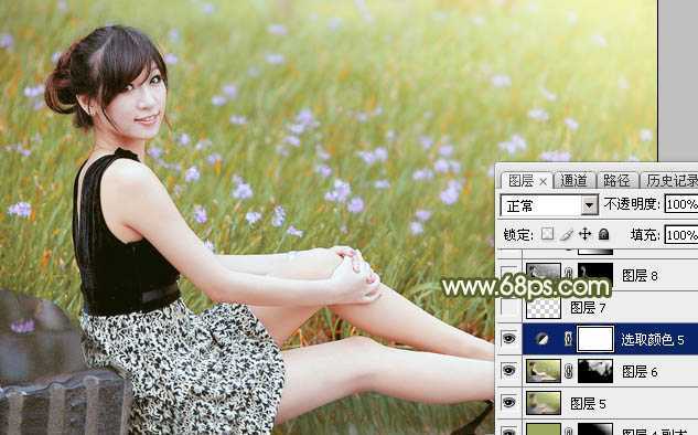 ‘Photoshop调出唯美的黄绿阳光色花丛中美女图片‘