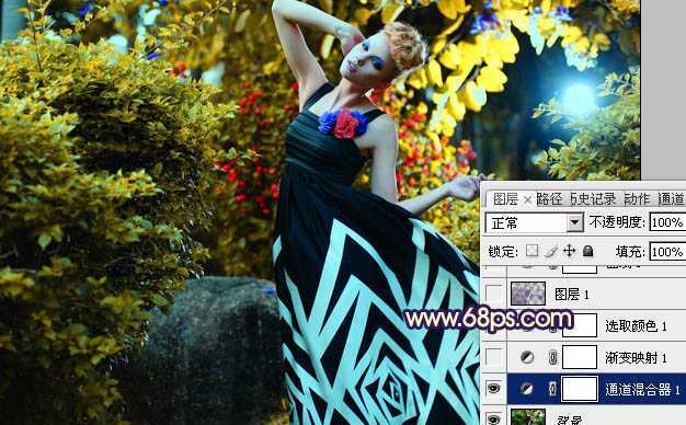 ‘Photoshop下将树林模特图片调成鲜艳的橙色调‘