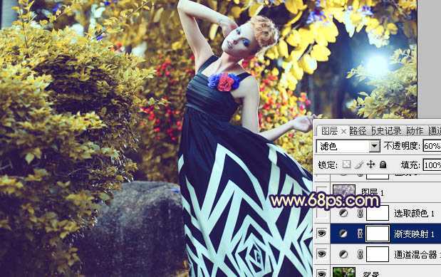 ‘Photoshop下将树林模特图片调成鲜艳的橙色调‘