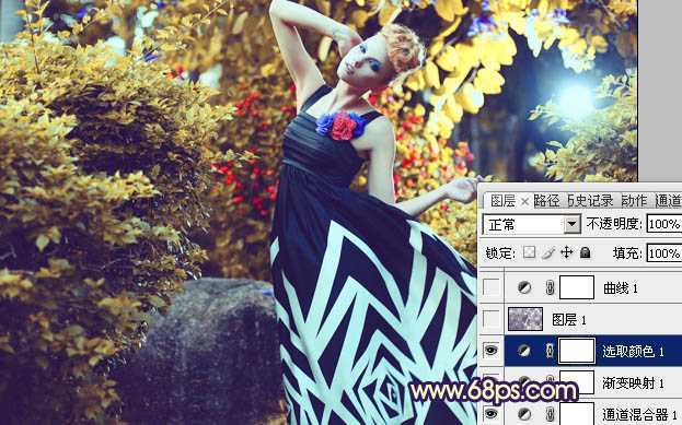 ‘Photoshop下将树林模特图片调成鲜艳的橙色调‘
