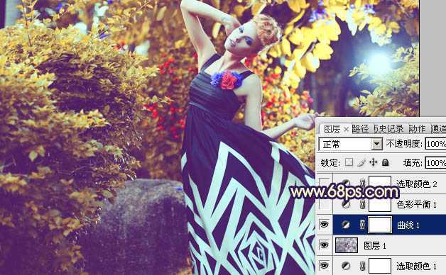 ‘Photoshop下将树林模特图片调成鲜艳的橙色调‘