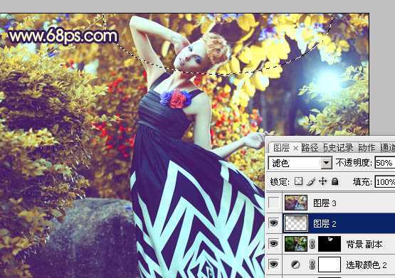 ‘Photoshop下将树林模特图片调成鲜艳的橙色调‘