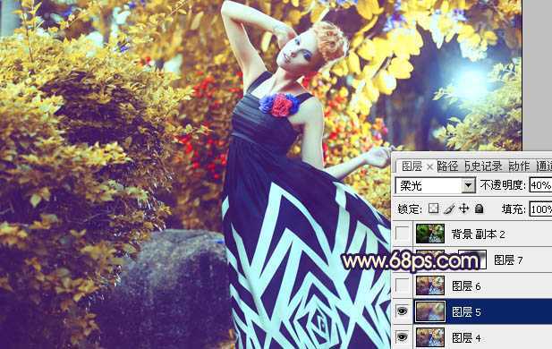 ‘Photoshop下将树林模特图片调成鲜艳的橙色调‘