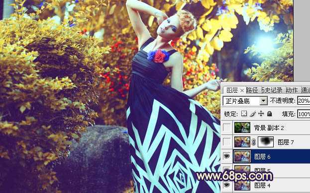 ‘Photoshop下将树林模特图片调成鲜艳的橙色调‘
