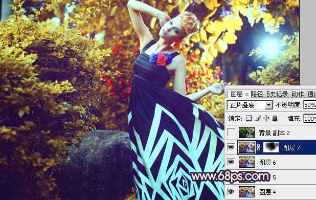 ‘Photoshop下将树林模特图片调成鲜艳的橙色调‘