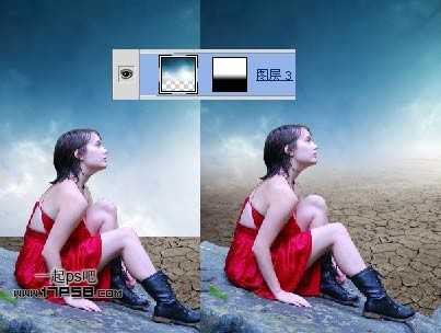 ‘photoshop抽象合成干枯沙丘上的独思女孩‘