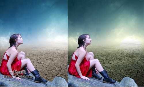 ‘photoshop抽象合成干枯沙丘上的独思女孩‘