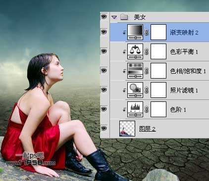 ‘photoshop抽象合成干枯沙丘上的独思女孩‘
