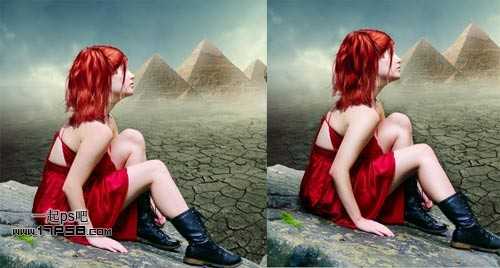 ‘photoshop抽象合成干枯沙丘上的独思女孩‘
