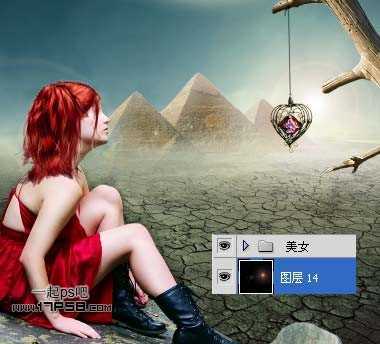 ‘photoshop抽象合成干枯沙丘上的独思女孩‘