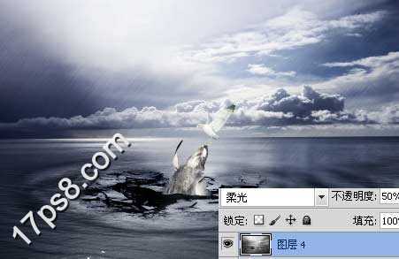 ‘photoshop将合成鲸鱼越出水面掠夺海鸥食物场景效果‘