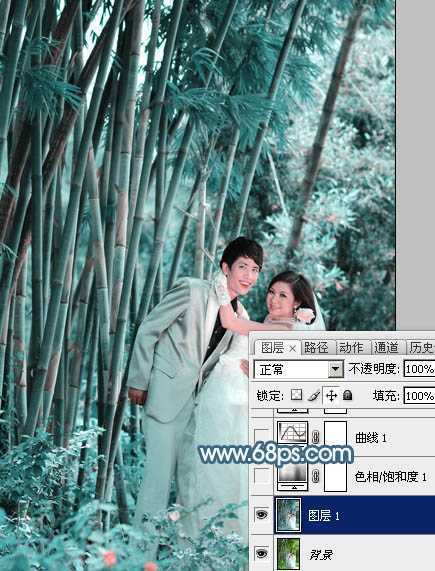‘Photoshop为竹林婚片调制出梦幻复古的淡调青蓝色‘