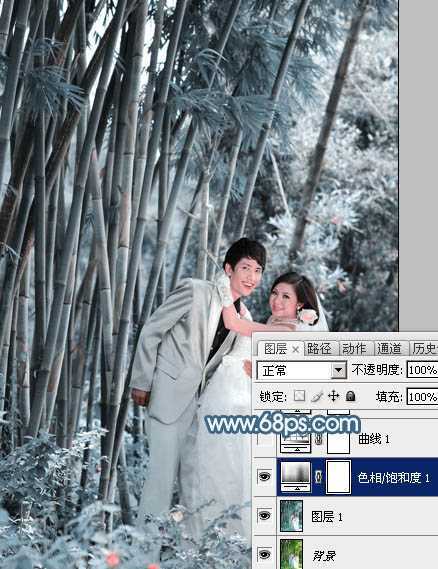 ‘Photoshop为竹林婚片调制出梦幻复古的淡调青蓝色‘
