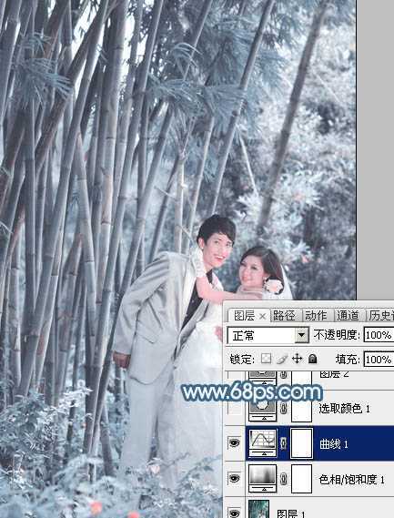 ‘Photoshop为竹林婚片调制出梦幻复古的淡调青蓝色‘