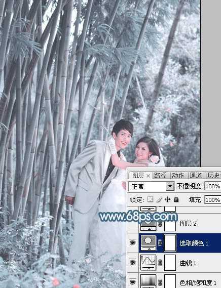 ‘Photoshop为竹林婚片调制出梦幻复古的淡调青蓝色‘