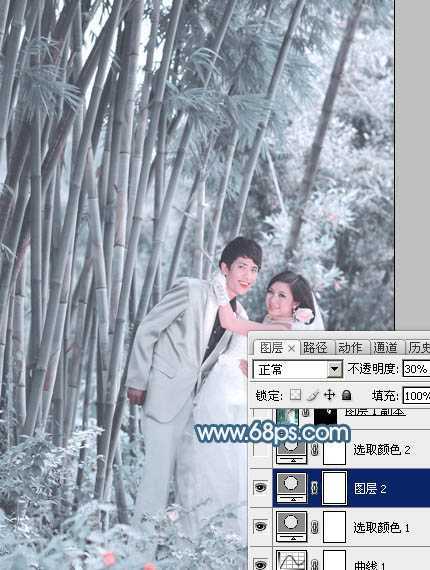 ‘Photoshop为竹林婚片调制出梦幻复古的淡调青蓝色‘