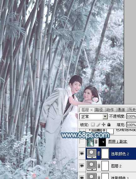‘Photoshop为竹林婚片调制出梦幻复古的淡调青蓝色‘