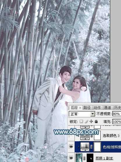 ‘Photoshop为竹林婚片调制出梦幻复古的淡调青蓝色‘
