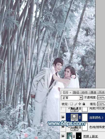 ‘Photoshop为竹林婚片调制出梦幻复古的淡调青蓝色‘