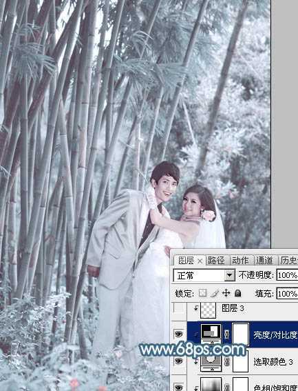 ‘Photoshop为竹林婚片调制出梦幻复古的淡调青蓝色‘