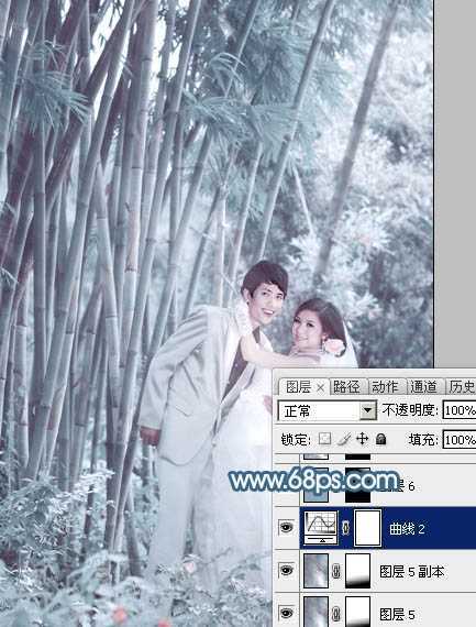 ‘Photoshop为竹林婚片调制出梦幻复古的淡调青蓝色‘