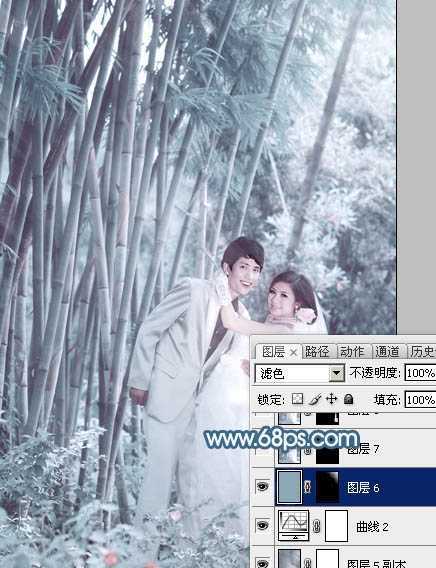 ‘Photoshop为竹林婚片调制出梦幻复古的淡调青蓝色‘