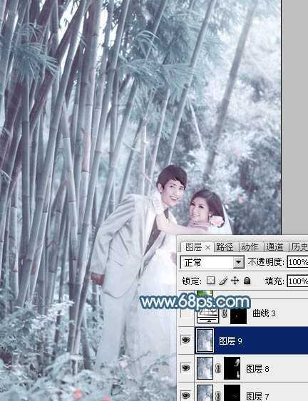 ‘Photoshop为竹林婚片调制出梦幻复古的淡调青蓝色‘