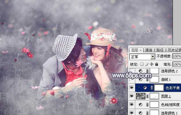 ‘Photoshop将野花中的情侣增加梦幻的中性蓝灰色‘