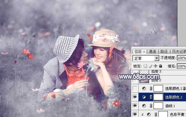 ‘Photoshop将野花中的情侣增加梦幻的中性蓝灰色‘