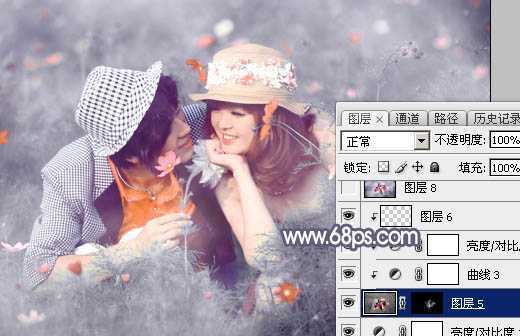 ‘Photoshop将野花中的情侣增加梦幻的中性蓝灰色‘