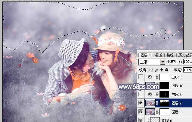 ‘Photoshop将野花中的情侣增加梦幻的中性蓝灰色‘