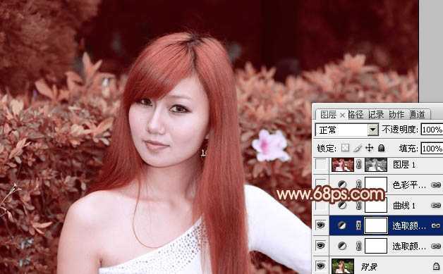 ‘Photoshop将绿植边的美女图片调制出纯美的橙红色效果‘