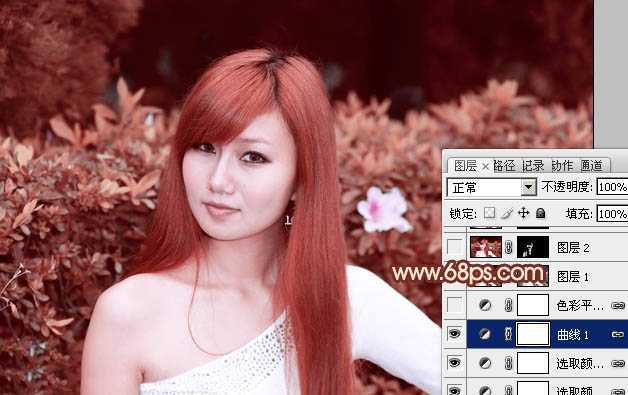 ‘Photoshop将绿植边的美女图片调制出纯美的橙红色效果‘