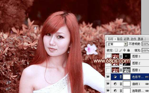 ‘Photoshop将绿植边的美女图片调制出纯美的橙红色效果‘