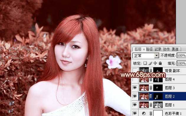 ‘Photoshop将绿植边的美女图片调制出纯美的橙红色效果‘