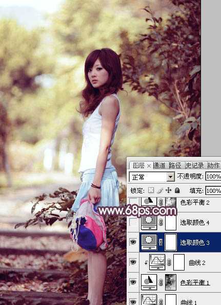 ‘Photoshop将美女树景图片打造柔美的暗调红褐色‘