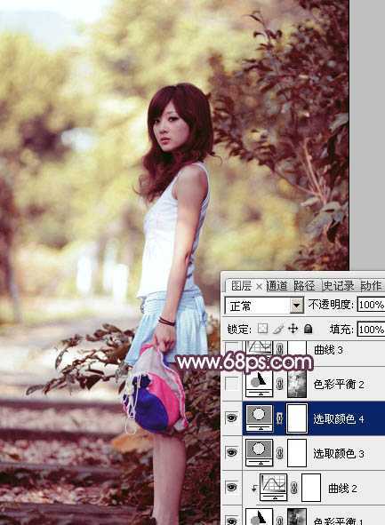 ‘Photoshop将美女树景图片打造柔美的暗调红褐色‘