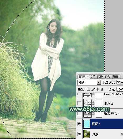 ‘Photoshop给为绿荫中的人物图片调制出韩系淡青色效果‘