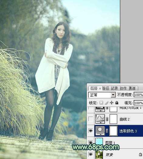 ‘Photoshop给为绿荫中的人物图片调制出韩系淡青色效果‘