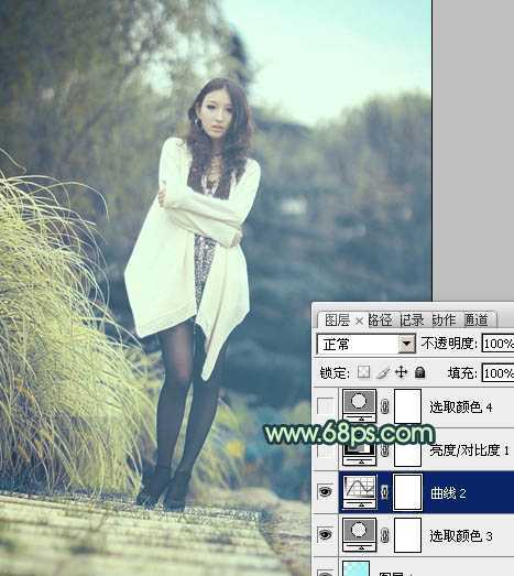 ‘Photoshop给为绿荫中的人物图片调制出韩系淡青色效果‘