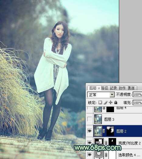 ‘Photoshop给为绿荫中的人物图片调制出韩系淡青色效果‘