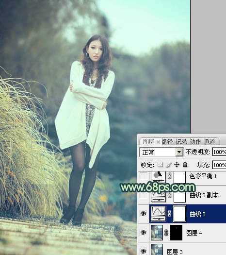 ‘Photoshop给为绿荫中的人物图片调制出韩系淡青色效果‘